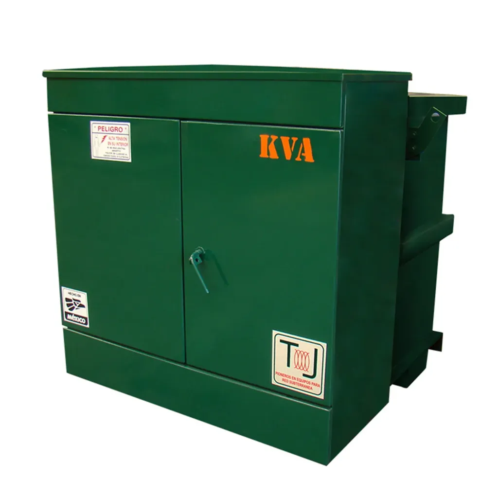 [PED-3F-K-75-13.2-220.1-AN-CA-AC-65-ES-M-ONAN-SIT-SIF-CBTPZ-TJ] Transformador Pedestal Trifásico Norma K0000 CFE LAPEM (Capacidad 75 kVA, Tensión primaria 13200 V, Tanque y gabinete de Acero al carbón, Sobreelevación de temperatura Estándar 65 ºC, Impedancia estándar, Líquido aislante Aceite mineral dieléctrico libre de PCB, Sin interruptor, Sin indicador de falla, Con boquillas tipo pozo)
