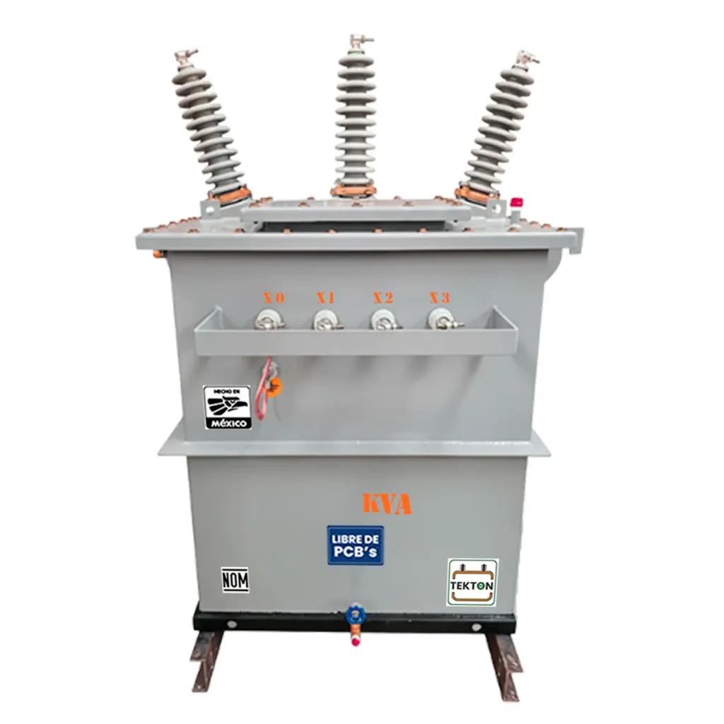 [POS-3F-J-15-13.2-220.1-RA-DE-AA-AC-65-ES-M-ONAN-TK] Transformador Tipo Poste Trifásico Norma NMX-J-116 (Capacidad 15 kVA, Tensión primaria 13200 V, Tensión secundaria 220/127 V, Conexión Delta-Estrella, Devanados Aluminio-Aluminio, Tanque y gabinete de Acero al carbón, Sobreelevación de temperatura Estándar 65 ºC, Impedancia estándar, Líquido aislante Aceite mineral dieléctrico libre de PCB, Enfriamiento ONAN)