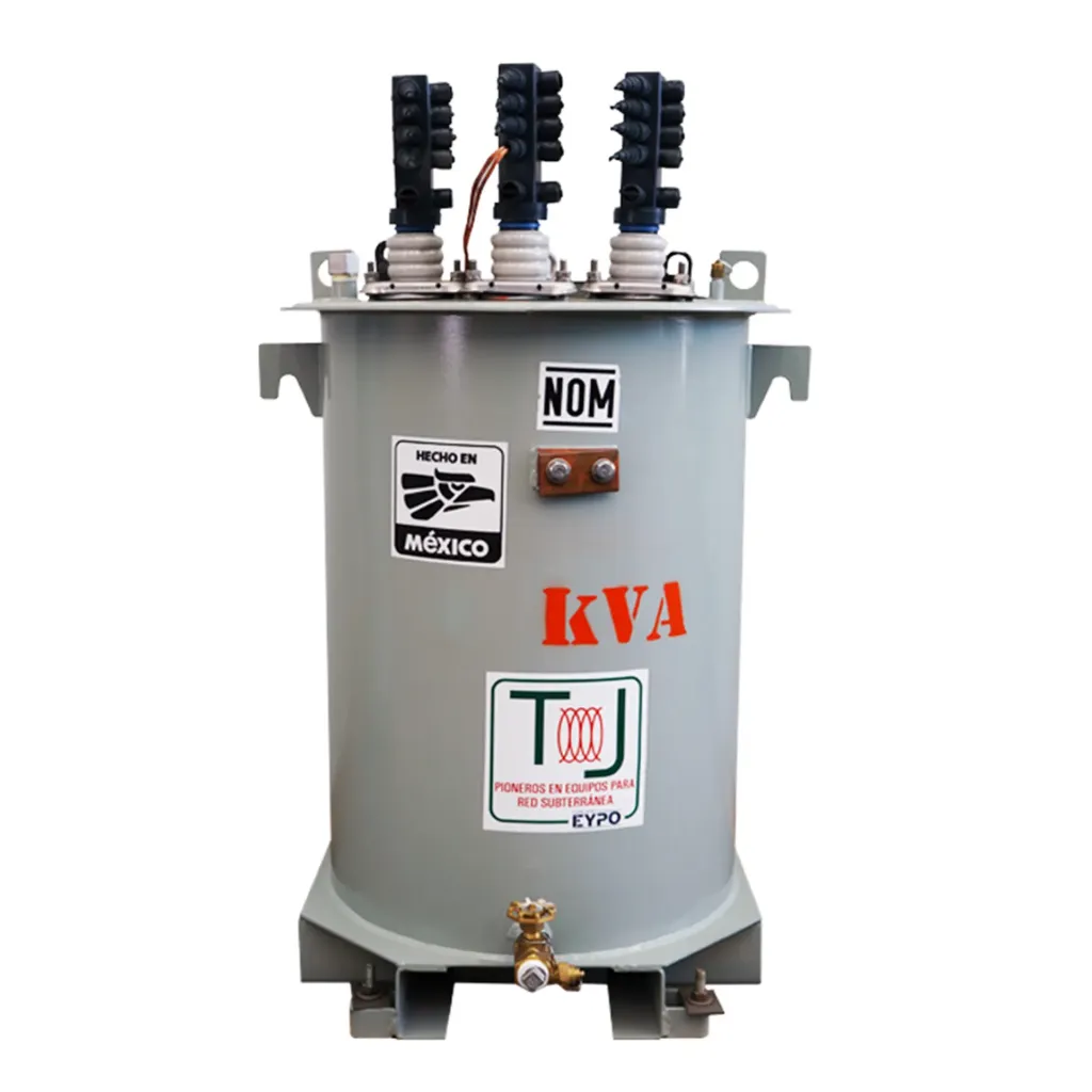 [SUM-1F-K-25-13.2YT-240.1-AN-CA-AC-65-ES-M-ONAN-SIT-SIF-CBTPZ-TJ] Transformador Sumergible Monofásico Norma K0000 CFE LAPEM (Capacidad 25 kVA, Tensión primaria 13200YT/7620 V, Tanque y gabinete de Acero al carbón, Sobreelevación de temperatura Estándar 65 ºC, Impedancia estándar, Líquido aislante Aceite mineral dieléctrico libre de PCB, Sin interruptor, Sin indicador de falla, Con boquillas tipo pozo)